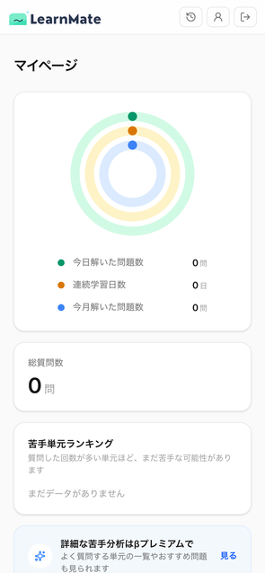 学習記録画面。学習の進捗や理解度の推移を表示
